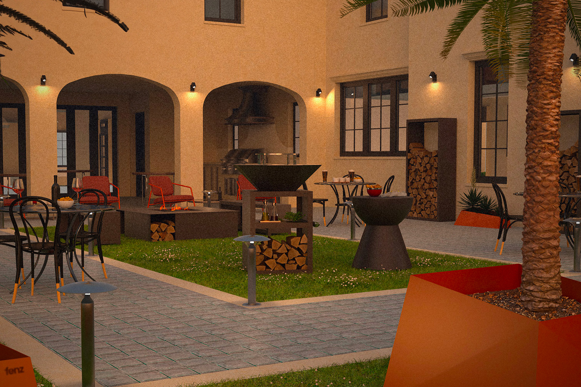 Terrasse extérieure élégamment aménagée avec des produits de la gamme Fenz.
